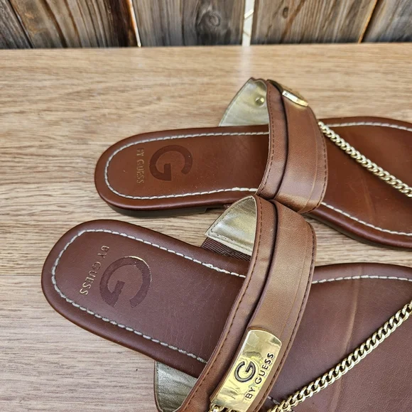 G By Guess Brown Leather Sandals with Gold Chain Size 8 - Picture 13 of 16